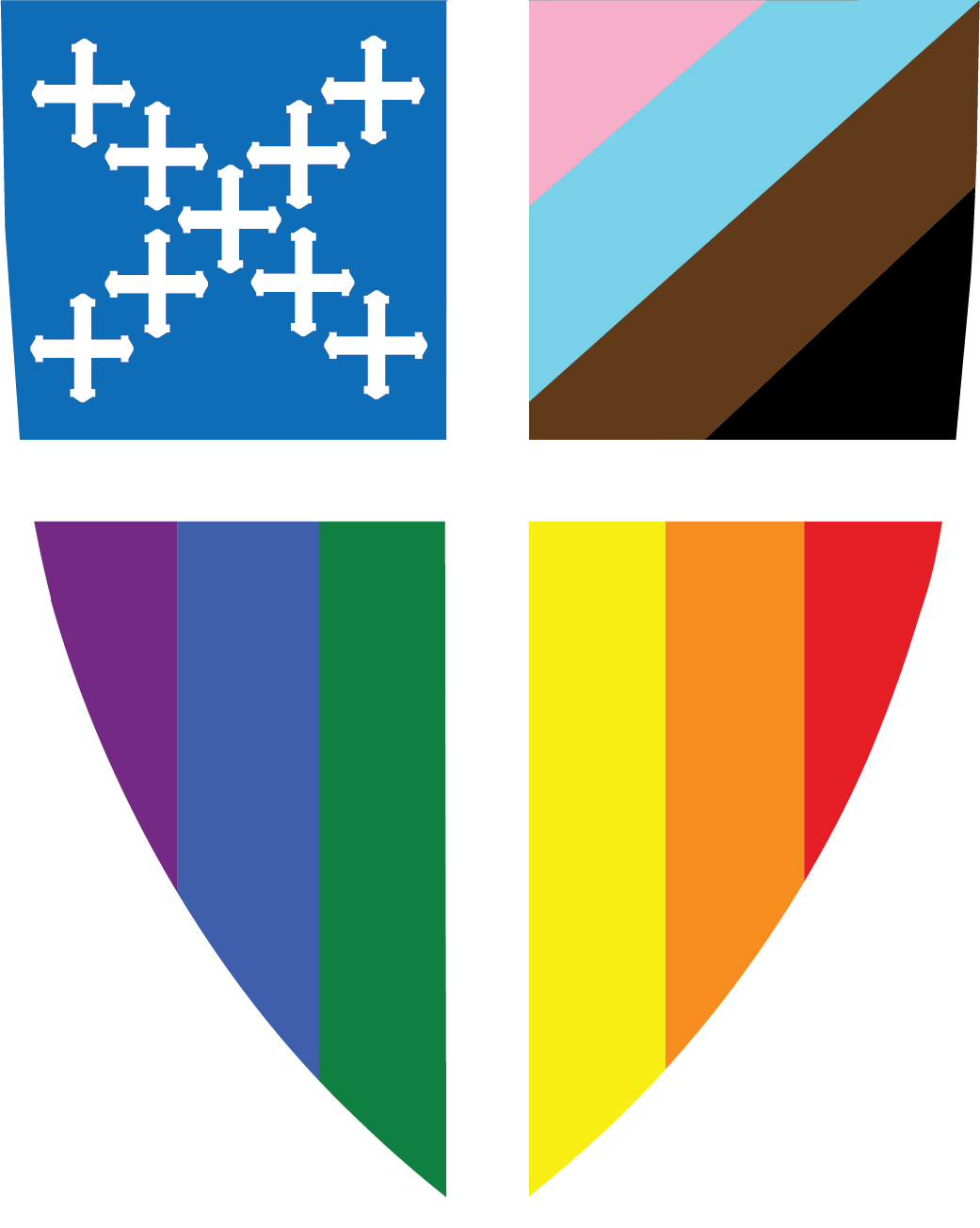 The Episcopal Church Pride Shield — the standard Episcopal shield overlaid with the Progress Pride flag